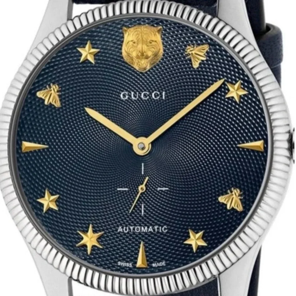 $3950 Gucci G-Timeless 40mm Charm Dial Automatic Watch, Deep Navy Blue